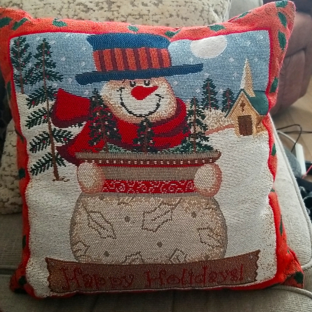 Happy Holidays Snowman Tapestry Type Accent Pillow 16x16